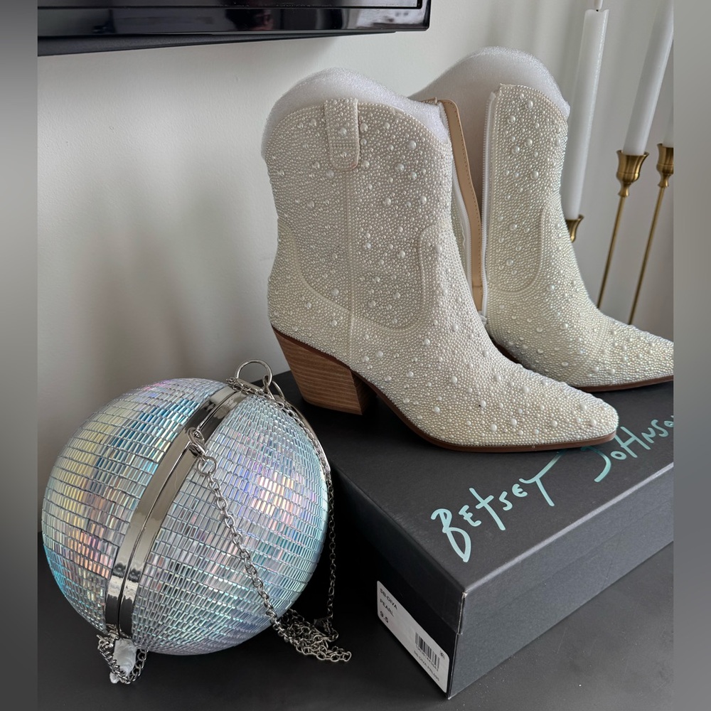 Betsey Johnson White Cowboy Heel Boots Pearl